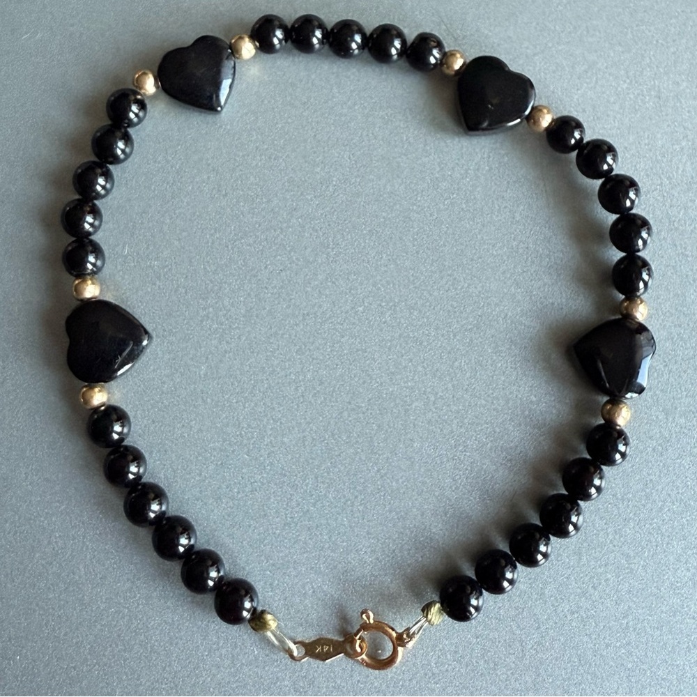 Vintage 14k Gold Black Onyx Hearts Beaded Bracelet